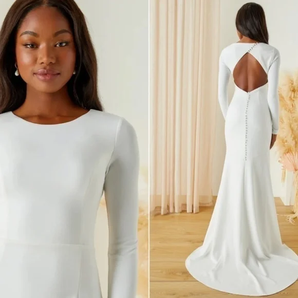 LULU's Bridal Wedding Chic Conservative Minimalist Mermaid Trumpet Maxi Gown - Picture 2 of 4